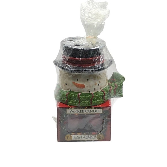 NWT YANKEE CANDLE 2013 SNOWMAN TART WARMER WITH 12 Apple Wreath Tea Lights - Picture 7 of 7